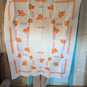 1970s Linen Flaxen Tablecloth Vintage Polish Table runner Slavic Retro cepelia Textile poland handmade geometrical 3D patterns floral orange