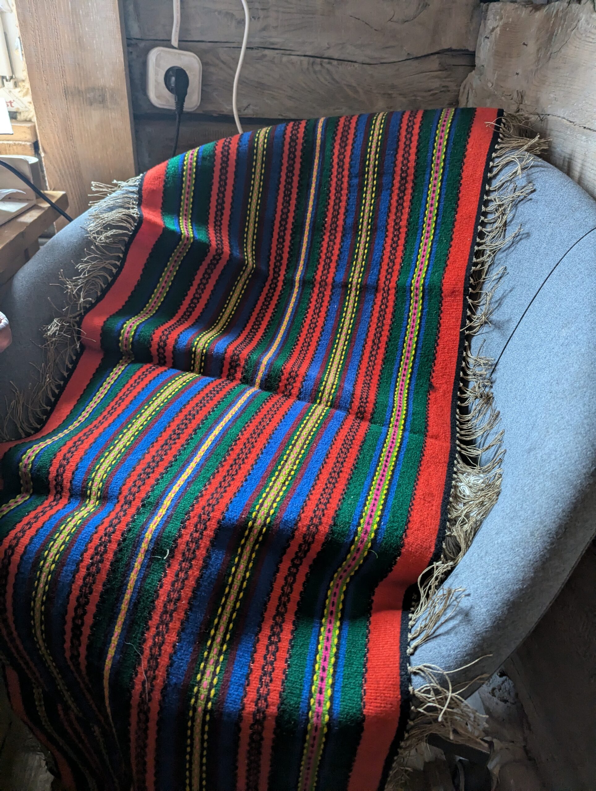 1970 Cepelia Polish folk art Poland premium Kilim Handwoven Pasiak Striped fringed runner Quilt Łowicz Woolen armchair cover red boho - Image 3