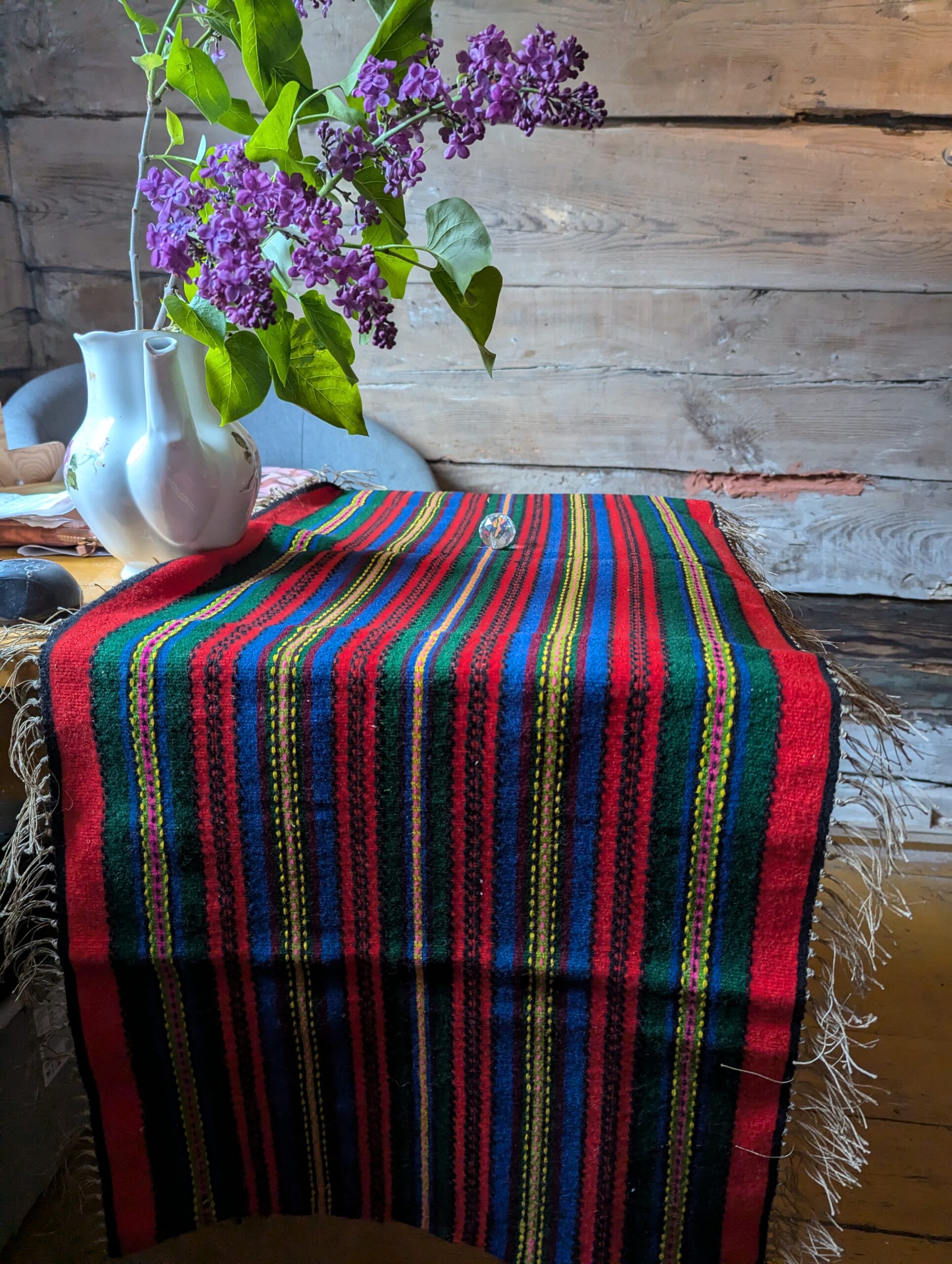 1970 Cepelia Polish folk art Poland premium Kilim Handwoven Pasiak Striped fringed runner Quilt Łowicz Woolen armchair cover red boho - Image 4